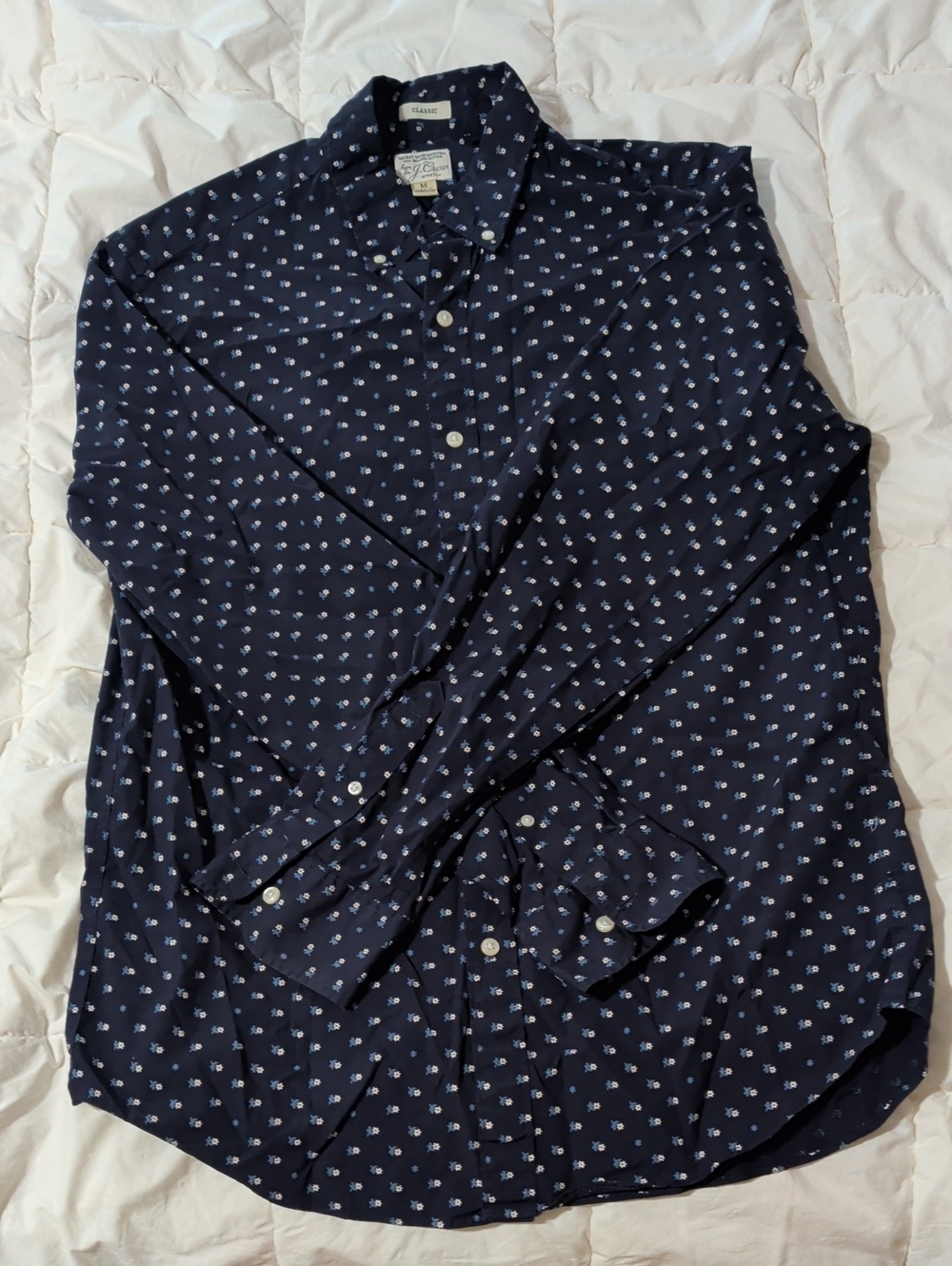 J. Crew Navy Button-Down with Light Blue Micro Print